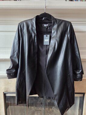 DKNY Black Faux Leather Ruched Sleeve Blazer Open Front Jacket NWT Size S